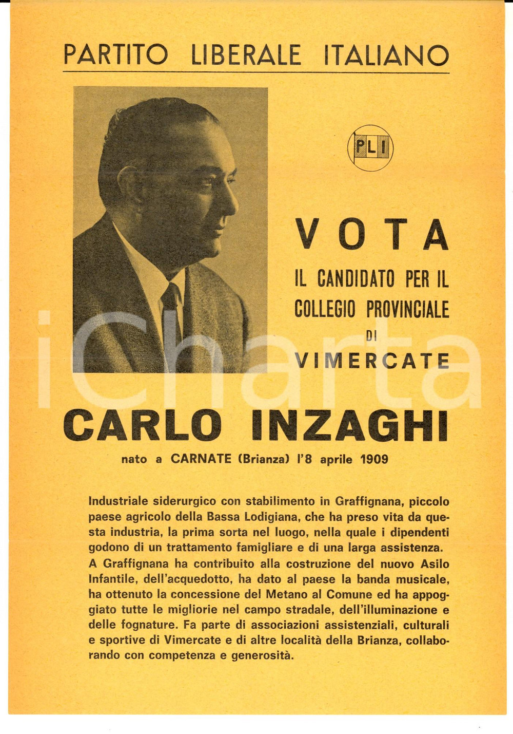 Materiale pubblicitario d’epoca 1960 ca VIMERCATE MB Partito Liberale Italiano Vota Carlo INZAGHI Volantino 1
