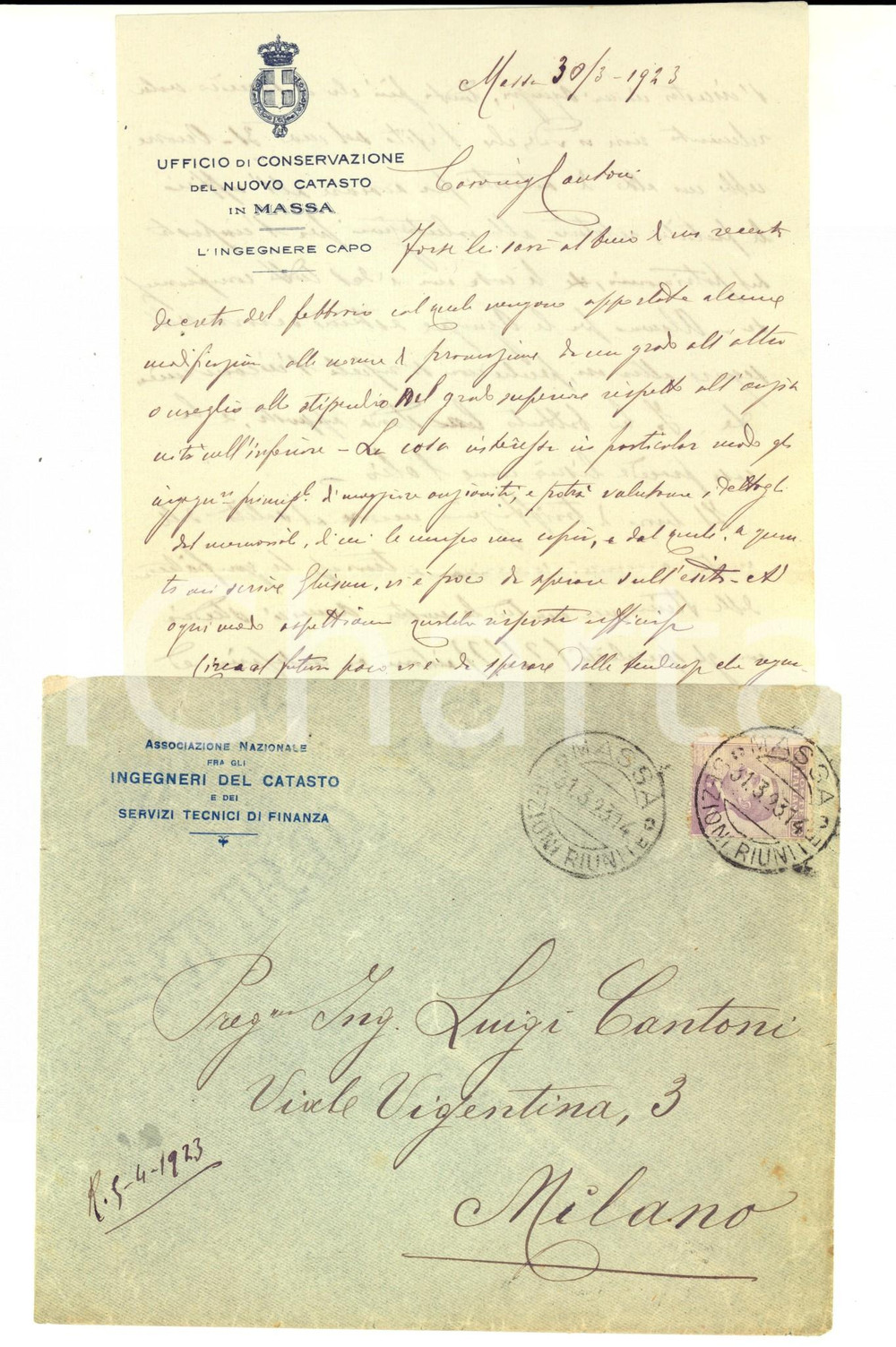 Manoscritto, lettera originale 1923 Catasto MASSA I superiori sono sepolcri imbiancati Lettera a Luigi CANTONI 1