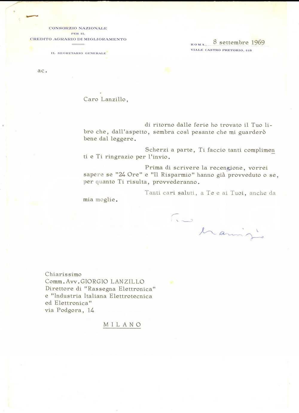 Manoscritto, lettera originale 1969 ROMA Consorzio CREDITO AGRARIO Ringraziamenti di Maurizio PARASASSI 1