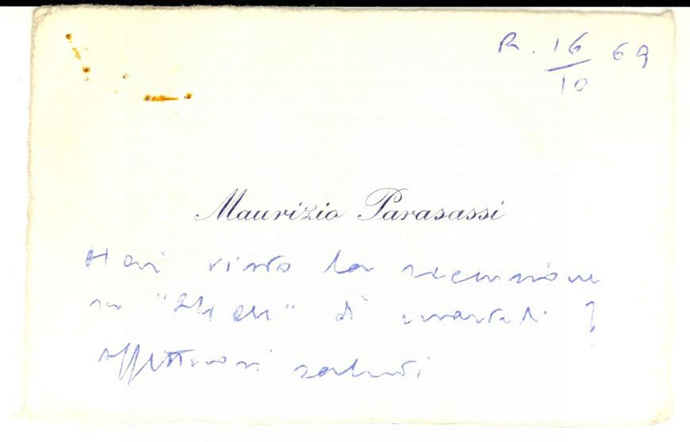 Autografo originale 1969 ROMA Biglietto da visita di Maurizio PARASASSI Autografo 1