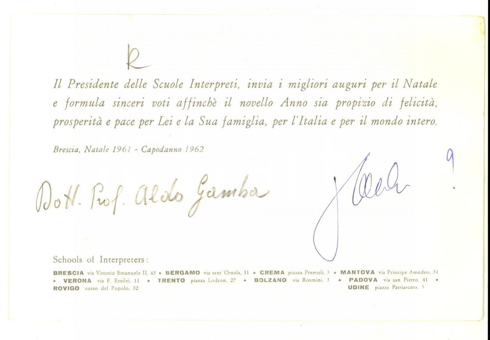 Autografo originale 1961 BRESCIA Biglietto augurale di Aldo GAMBA Scuole Interpreti Autografo 1