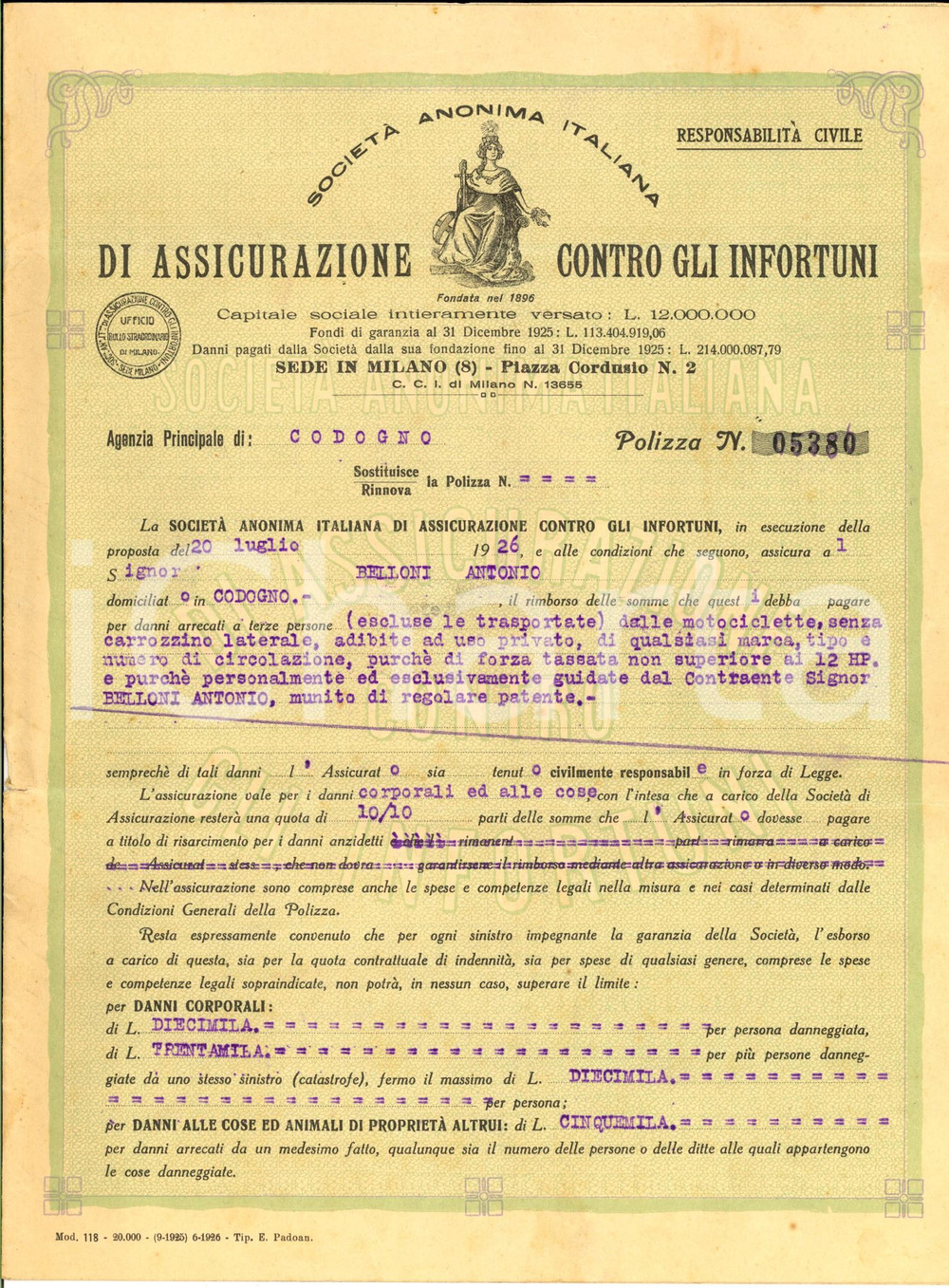 Documento originale, autentico 1926 CODOGNO SocietÃ  Anonima Italiana Assicurazione Infortuni Polizza BELLONI 1