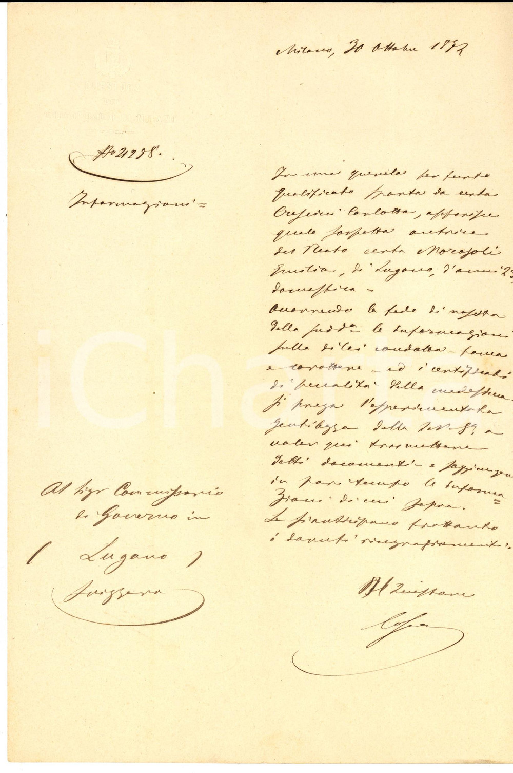 Manoscritto, lettera originale 1872 MILANO Giulia MOROSOLI sospettata di furto ai danni di Carlotta CRESCINI 1