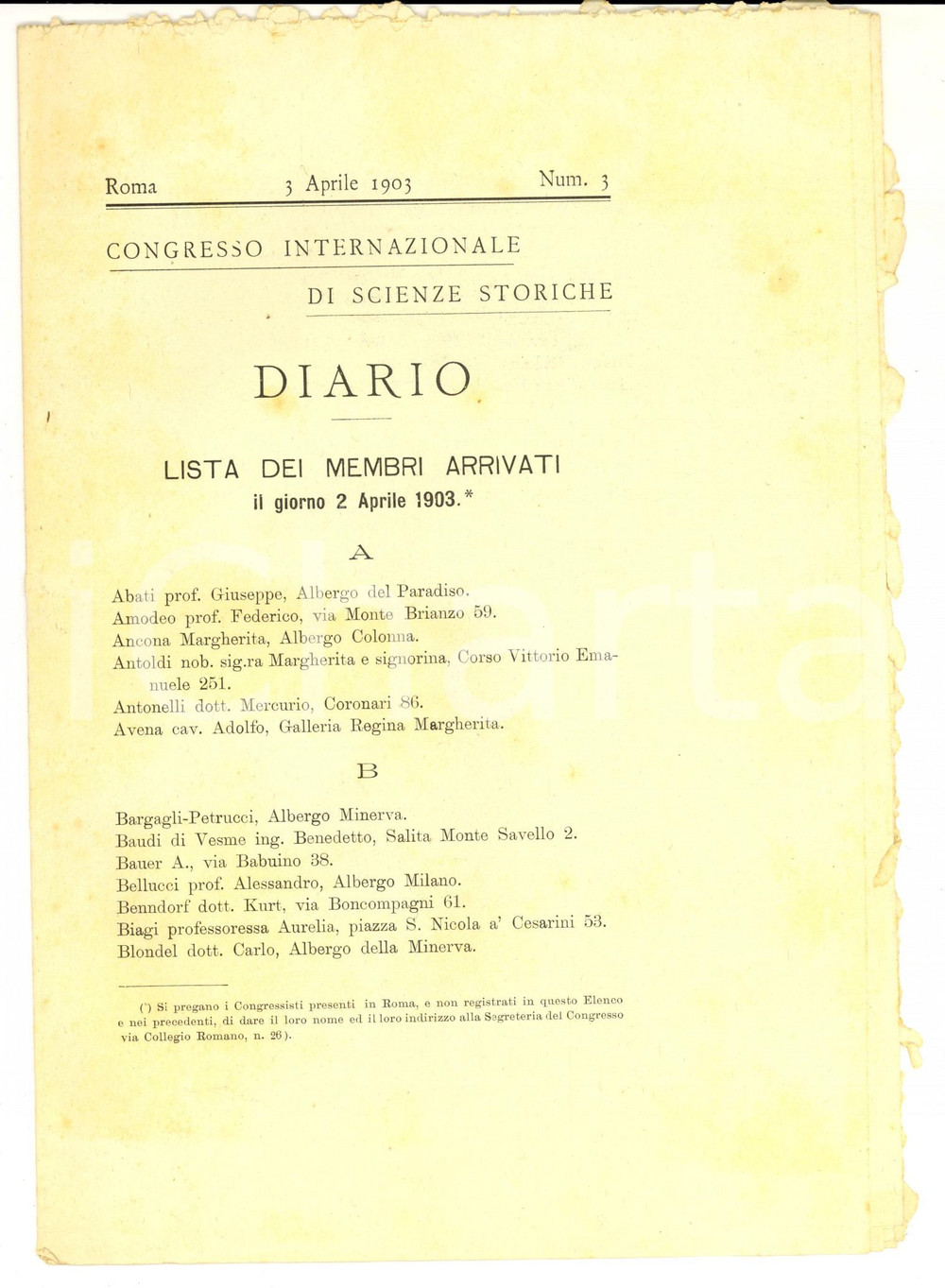 Documento originale, autentico 1903 ROMA Congresso Scienze Storiche Membri arrivati il 2 aprile 1