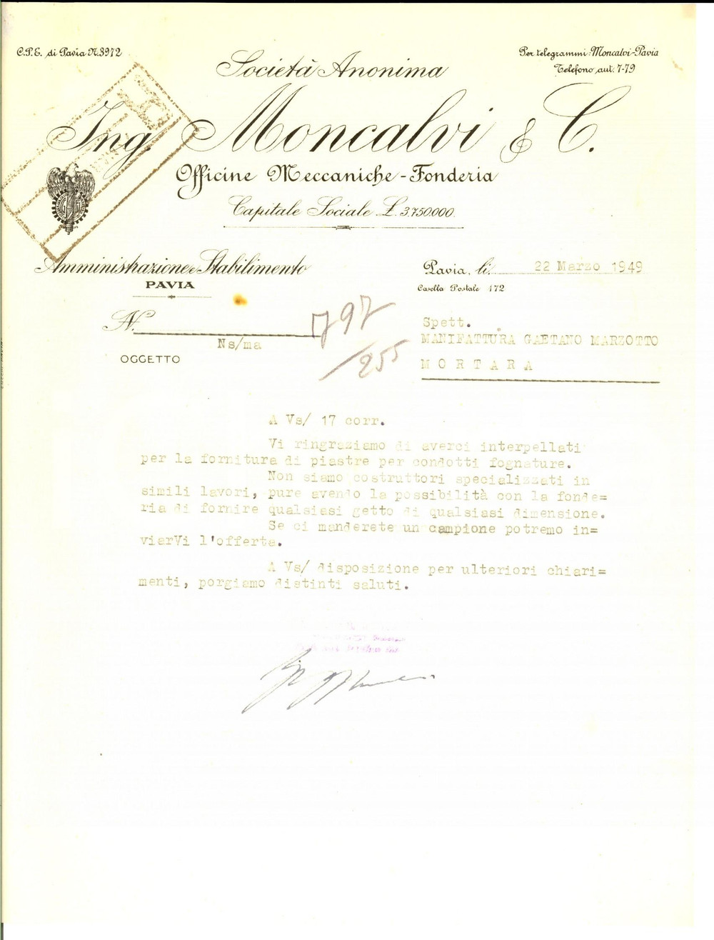 Documento originale, autentico 1949 PAVIA SocietÃ  Anonima MONCALVI Officine meccaniche e fonderia Lettera 1