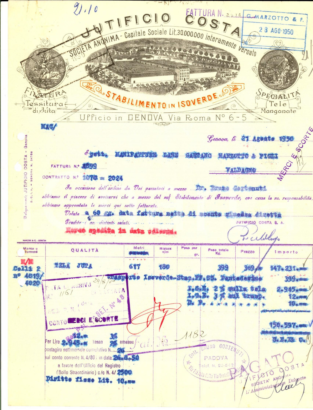Documento originale, autentico 1950 GENOVA Jutificio COSTA Juta e tele manganate  Fattura ILLUSTRATA 1