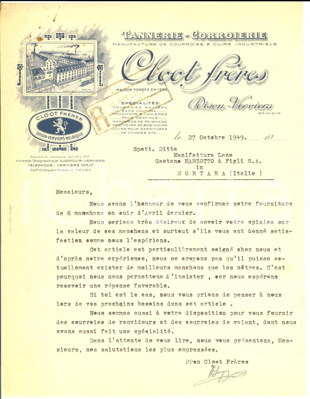 Documento originale, autentico 1949 DISON B CLOOT FRERES Tannerie  corroierie Lettera fornitura manicotti 1