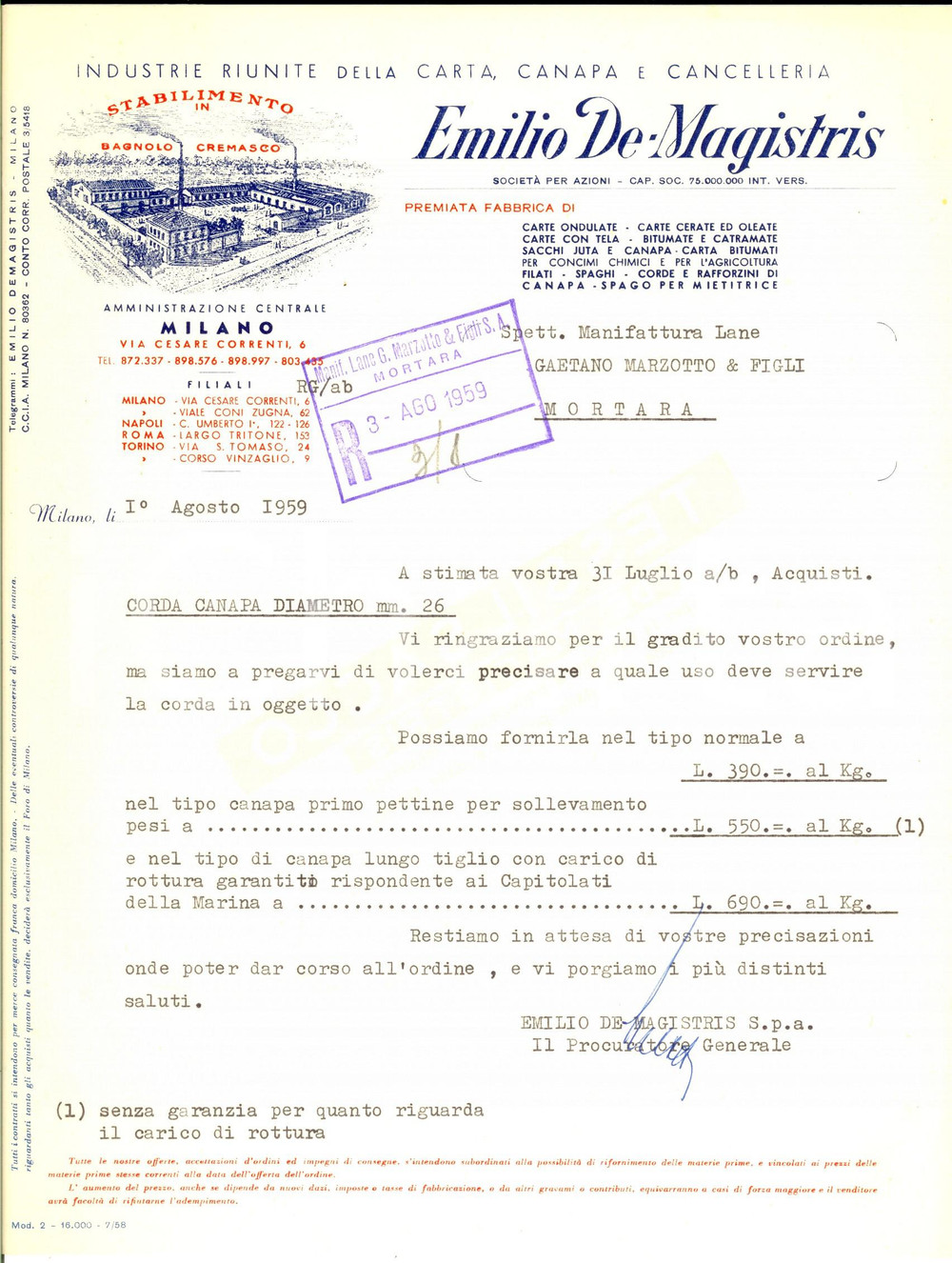 Documento originale, autentico 1959 MILANO Emilio DE MAGISTRIS Carta e cancelleria Lettera fornitura canapa 1