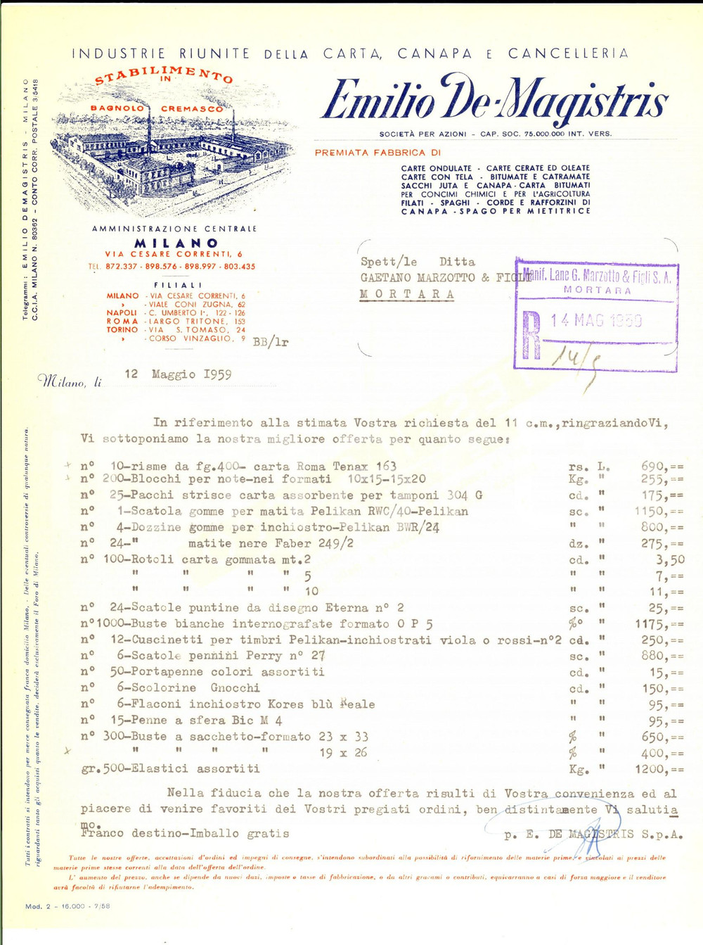 Documento originale, autentico 1959 MILANO Emilio DE MAGISTRIS Carta e cancelleria Lettera preventivo carta 1