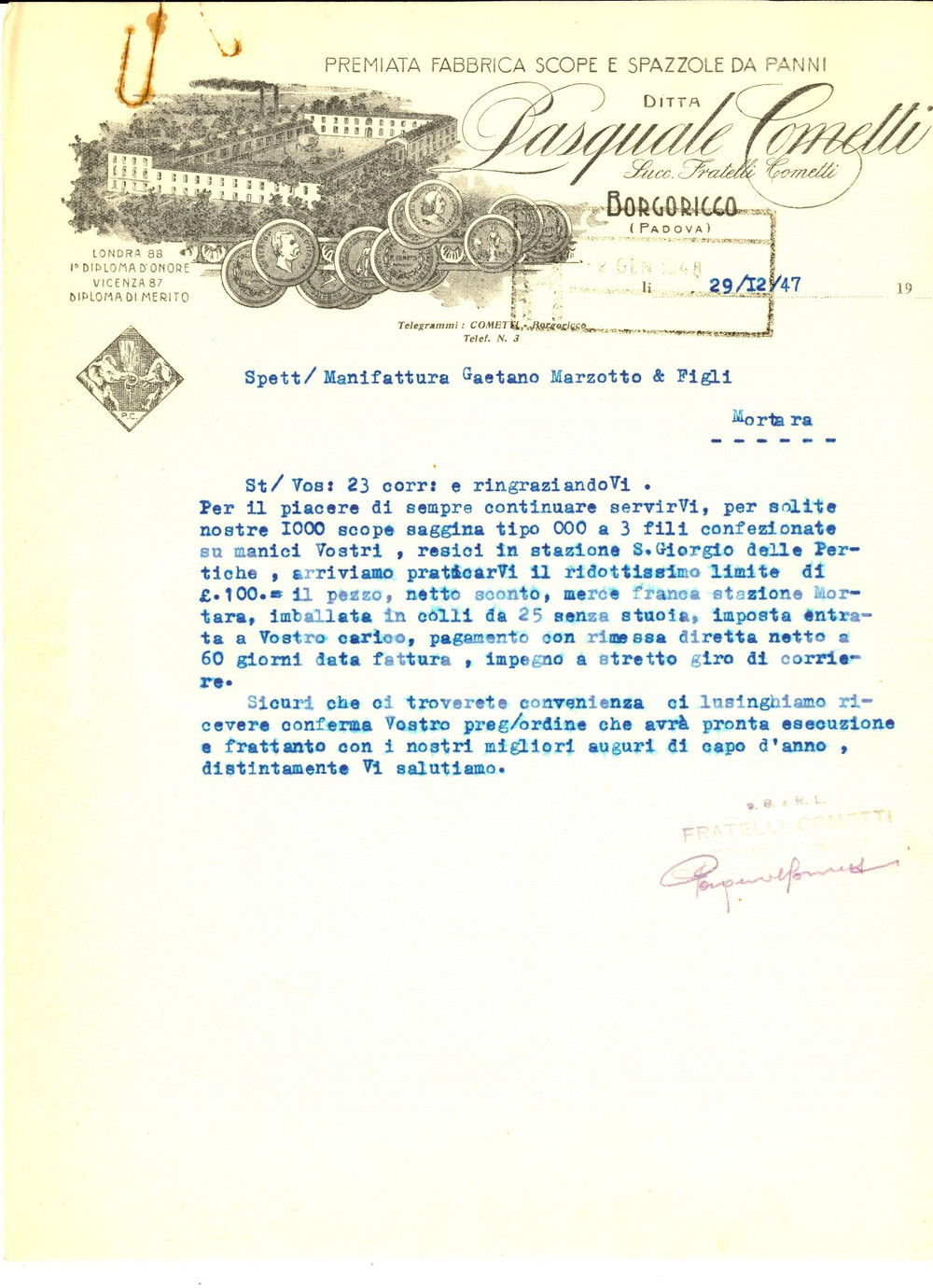 Documento originale, autentico 1947 BORGORICCO PD Pasquale COMELLI scope e spazzole Lettera commerciale 1
