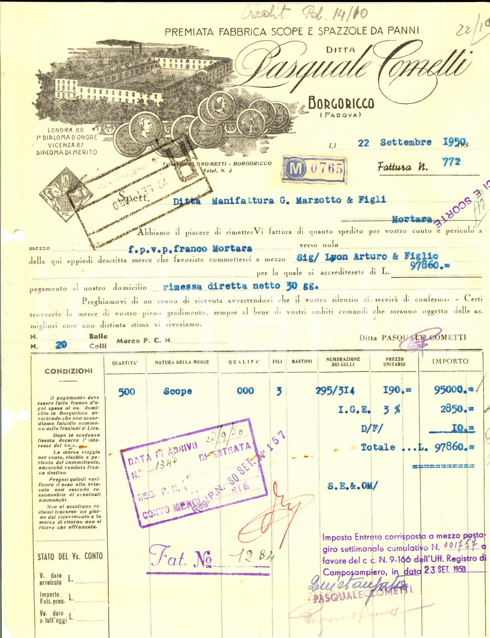 Documento originale, autentico 1950 BORGORICCO PD Pasquale COMELLI scope e spazzole Fattura intestata 1