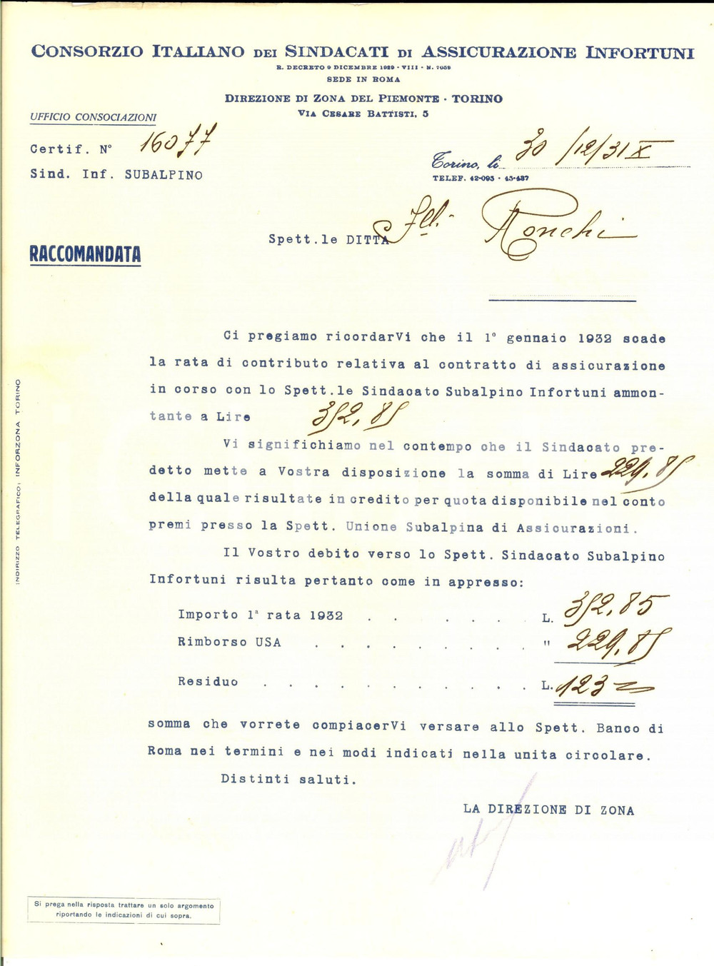 Documento originale, autentico 1931 TORINO Consorzio Sindacati Assicurazione Infortuni Lettera saldo debito 1
