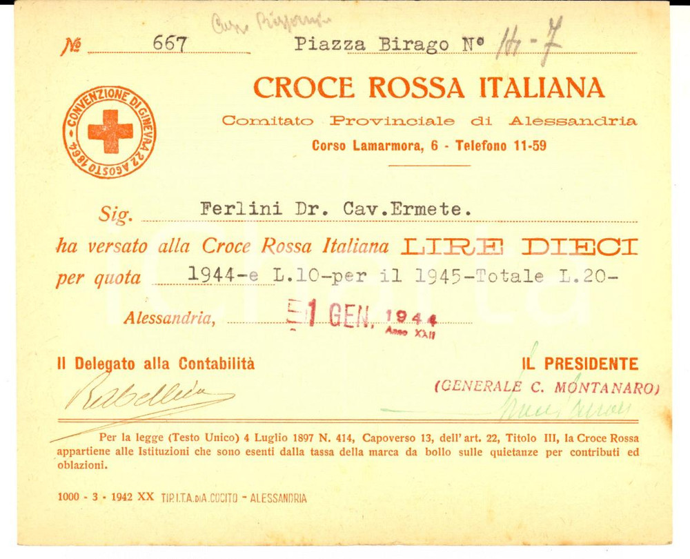 Documento originale, autentico 1944 WW2 ALESSANDRIA CROCE ROSSA ITALIANA Ricevuta per quota Ermete FERLINI 1