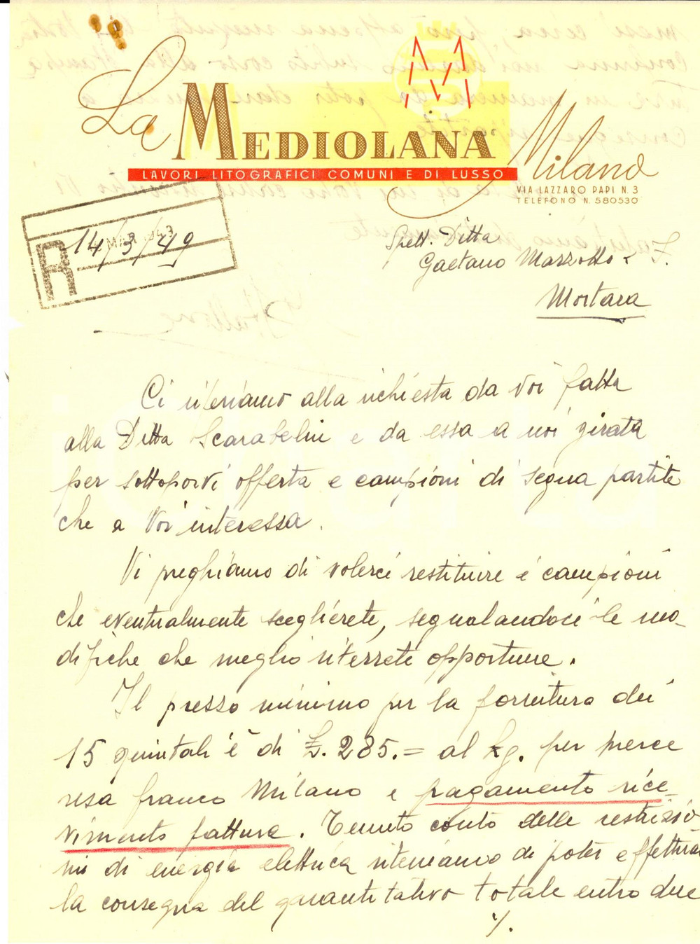 Documento originale, autentico 1949 MILANO Lavori tipografici LA MEDIOLANA Lettera commerciale manoscritta 1