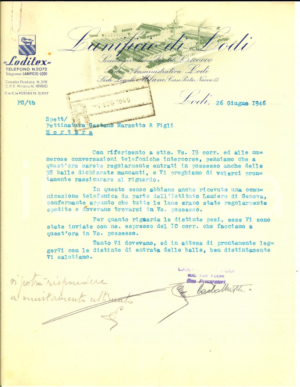 Documento originale, autentico 1946 LANIFICIO DI LODI Lettera commerciale per spedizione lane Carta intestata 1