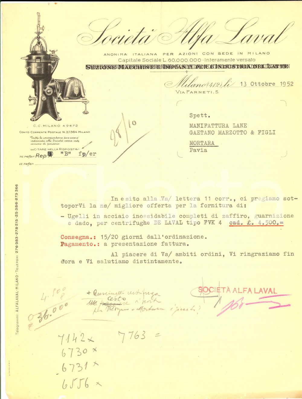 Manoscritto, lettera originale 1952 MILANO Società Alfa LAVAL Macchine per industria latte Lettera commerciale 1