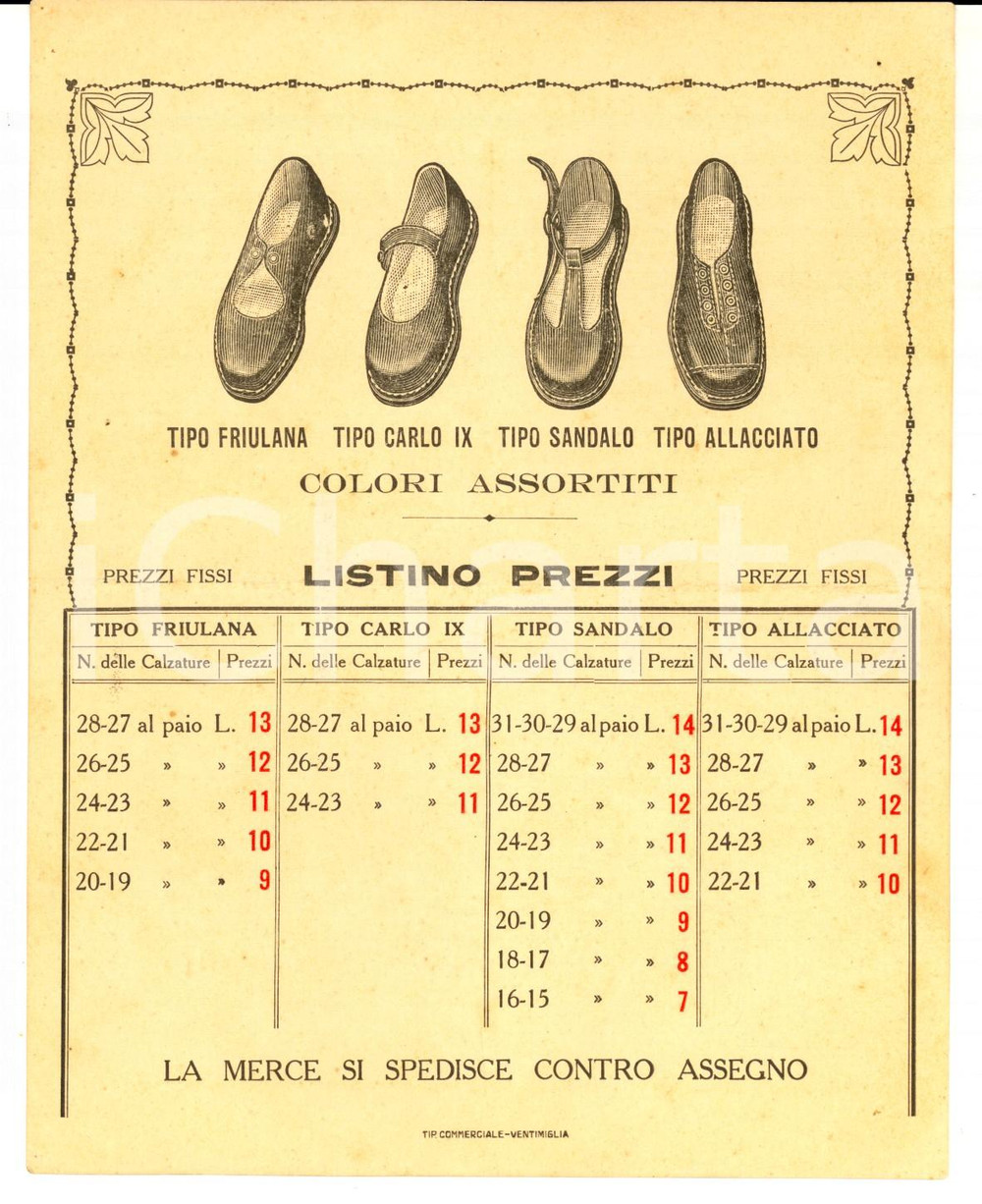 Materiale pubblicitario d’epoca 1920 ca VENTIMIGLIA MODA Listino prezzi scarpe tipo sandalo e friulana 14x18 1