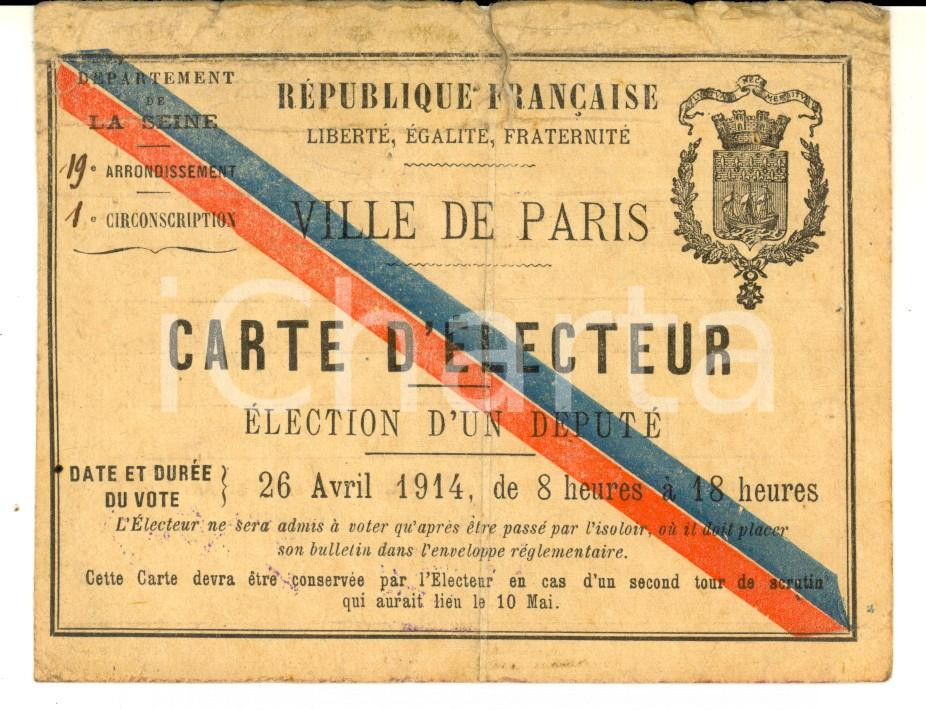 Documento originale, autentico 26 Avril 1914 PARIS Carte d électeur Pierre MICHAUT  Election d un dÃ©putÃ© 1