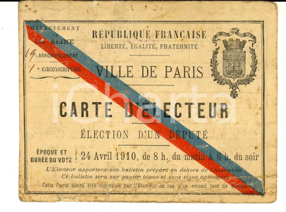 Documento originale, autentico 24 Avril 1910 PARIS Carte d électeur Pierre MICHAUT  Election d un dÃ©putÃ© 1