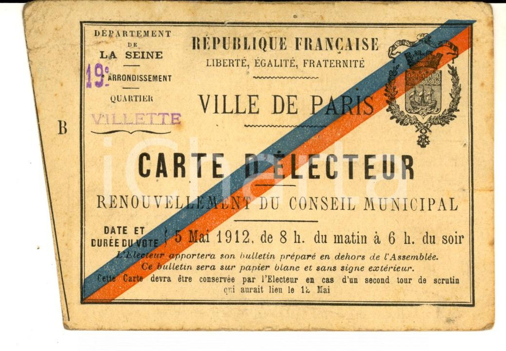 Documento originale, autentico 5 Mai 1912 PARIS Carte d Ã©lecteur Pierre MICHAUT  Election conseil municipal 1