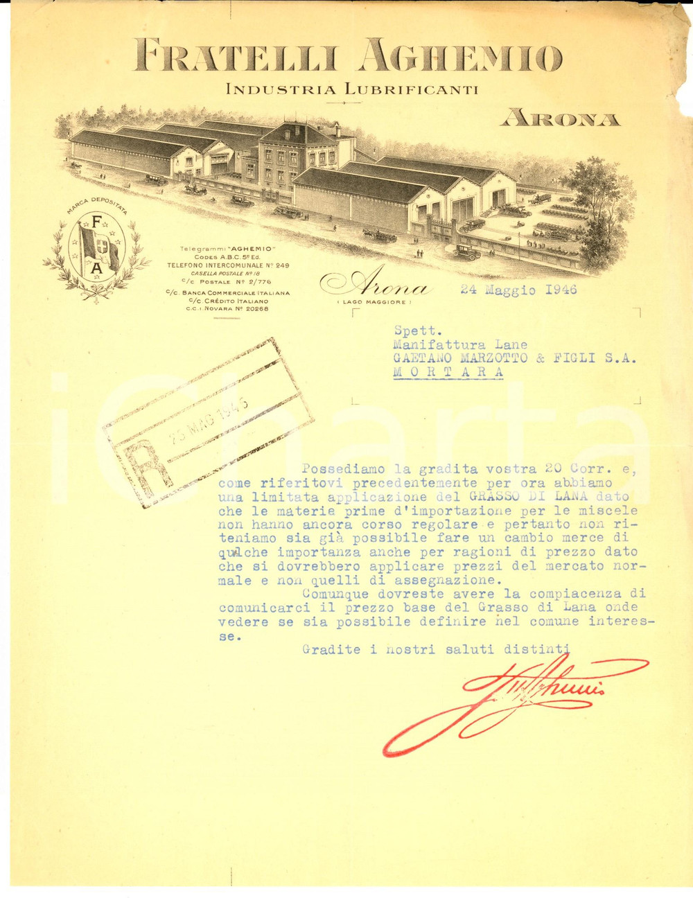 Documento originale, autentico 1946 ARONA Industria lubrificante FRATELLI AGHEMIO  Lettera per grasso di lana 1