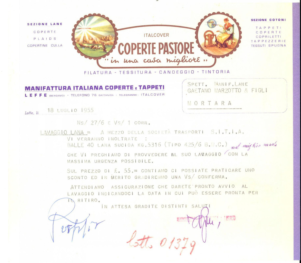 Documento originale, autentico 1955 LEFFE BG ITALCOVER Coperte PASTORE Fattura per lavaggio lana 1