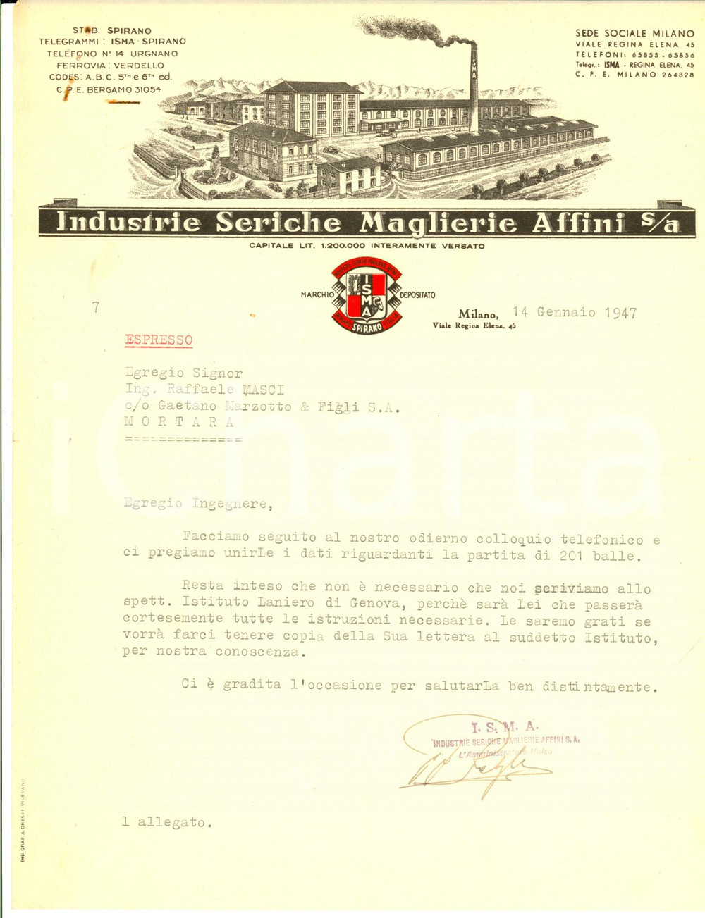 Documento originale, autentico 1947 MILANO Industrie Seriche Maglierie Affini s/a Lettera commerciale 1