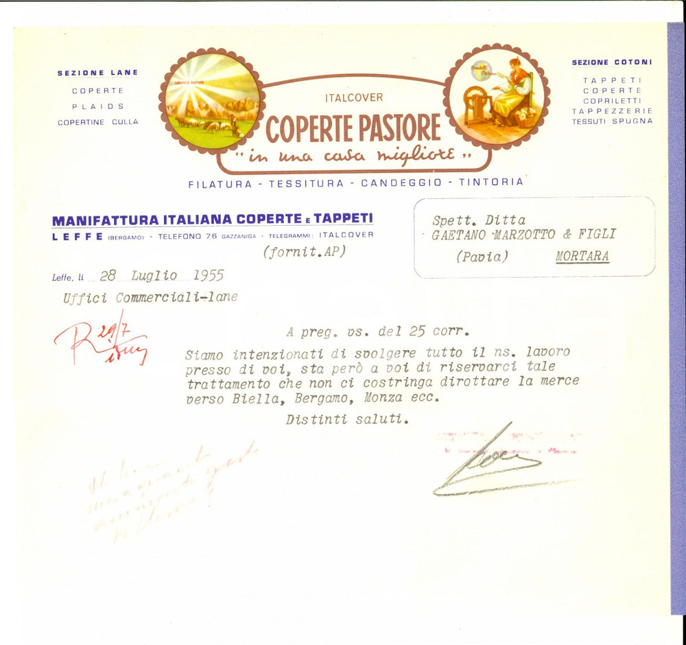Documento originale, autentico 1955 LEFFE BG ITALCOVER Coperte PASTORE e tappeti Lettera commerciale 1