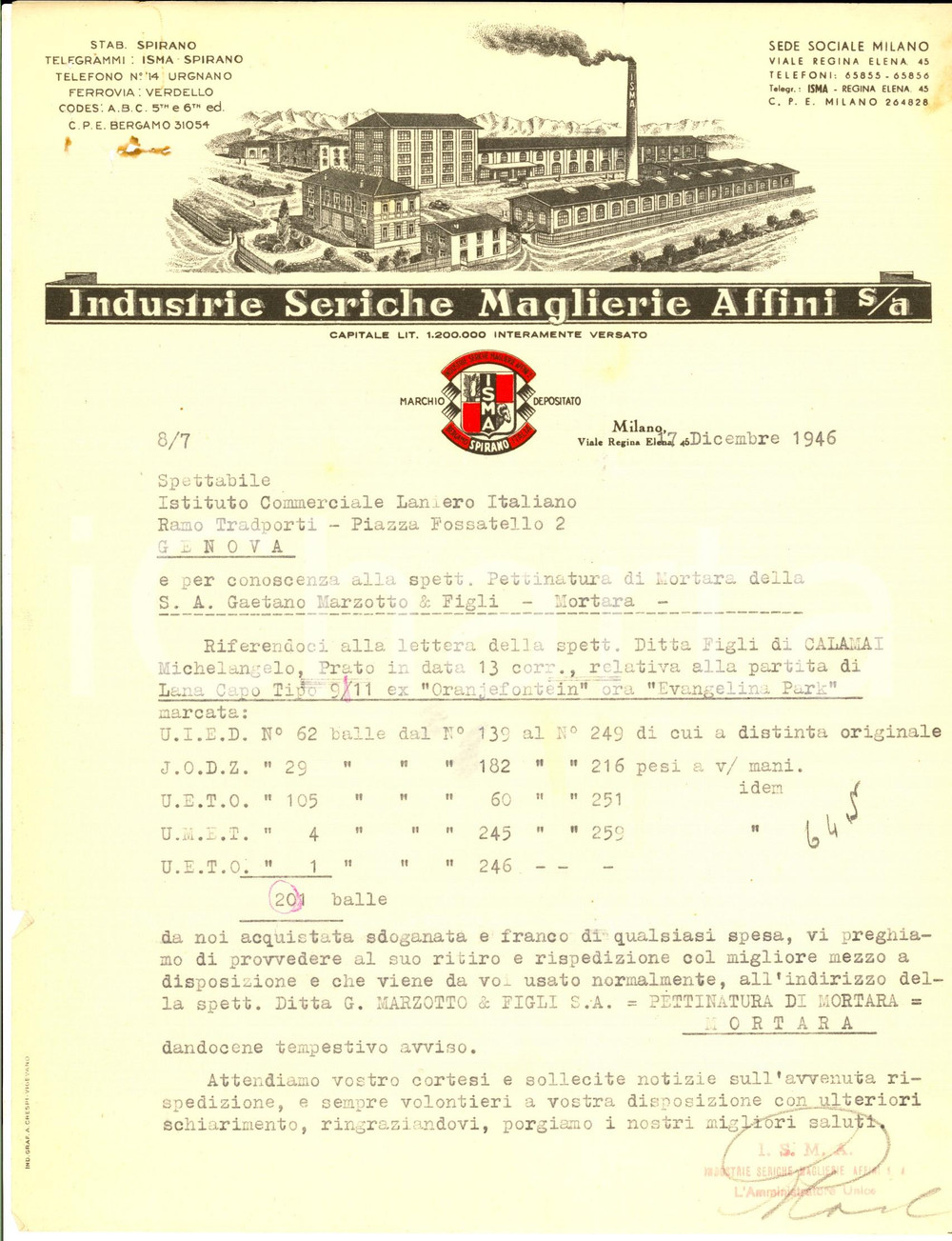 Documento originale, autentico 1946 MILANO Industrie Seriche Maglierie Affini s/a Lettera commerciale 1