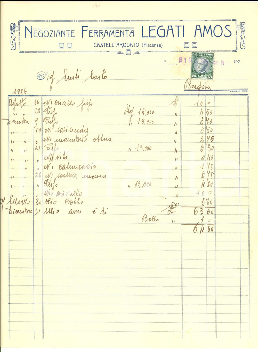 Documento originale, autentico 1928 CASTELL ARQUATO PC Amos LEGATI Negoziante ferramenta Fattura intestata 1