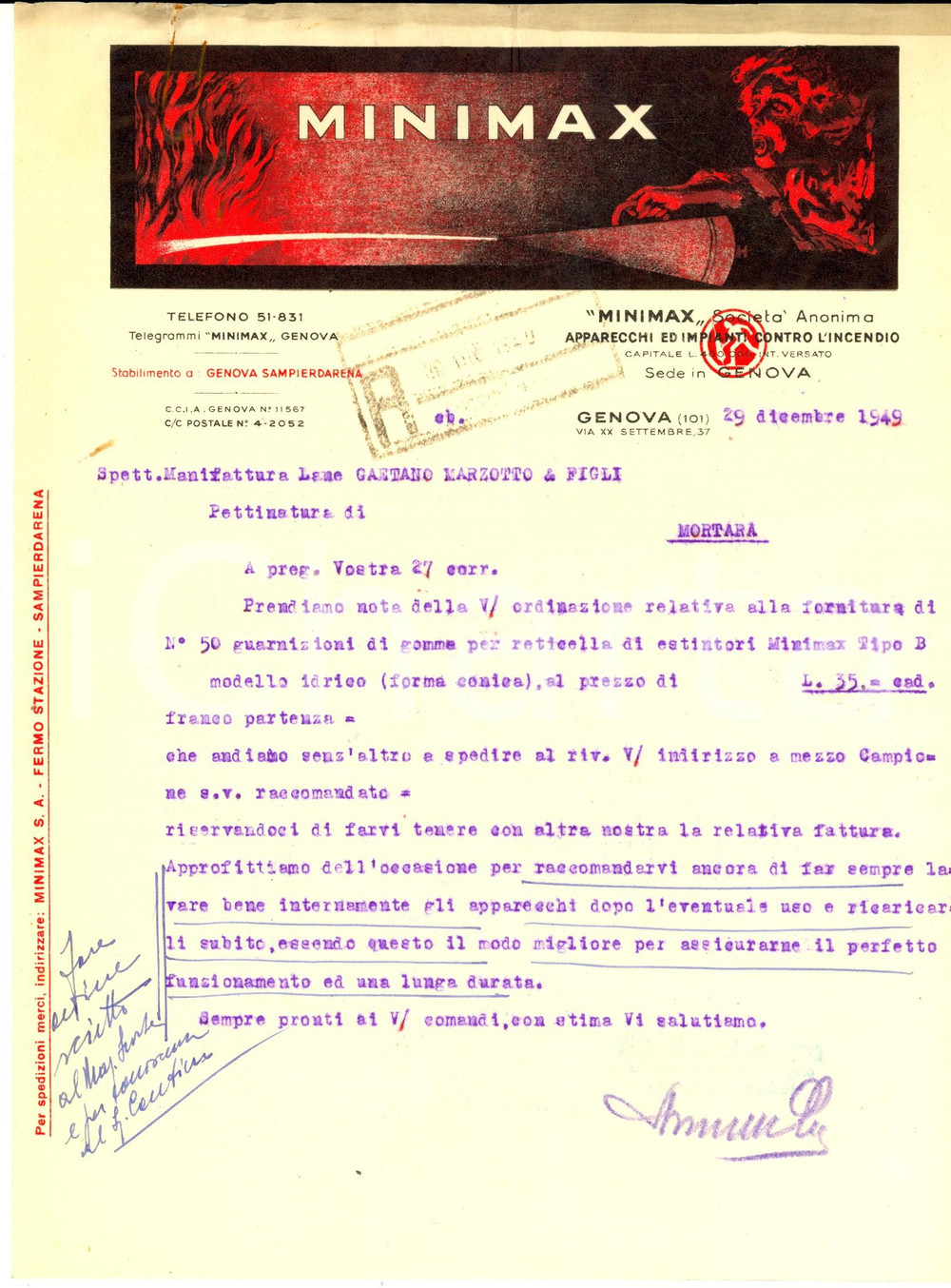 Documento originale, autentico 1949 GENOVA Società MINIMAX impianti antincendio Lettera per guarnizioni 1
