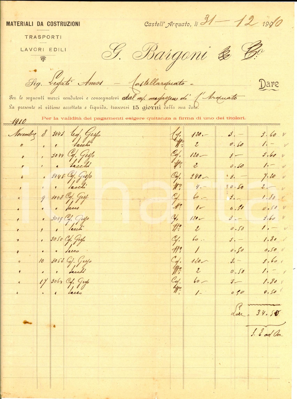 Documento originale, autentico 1910 CASTELL ARQUATO PC G. BARGONI Materiali da costruzioni Fattura intestata 1