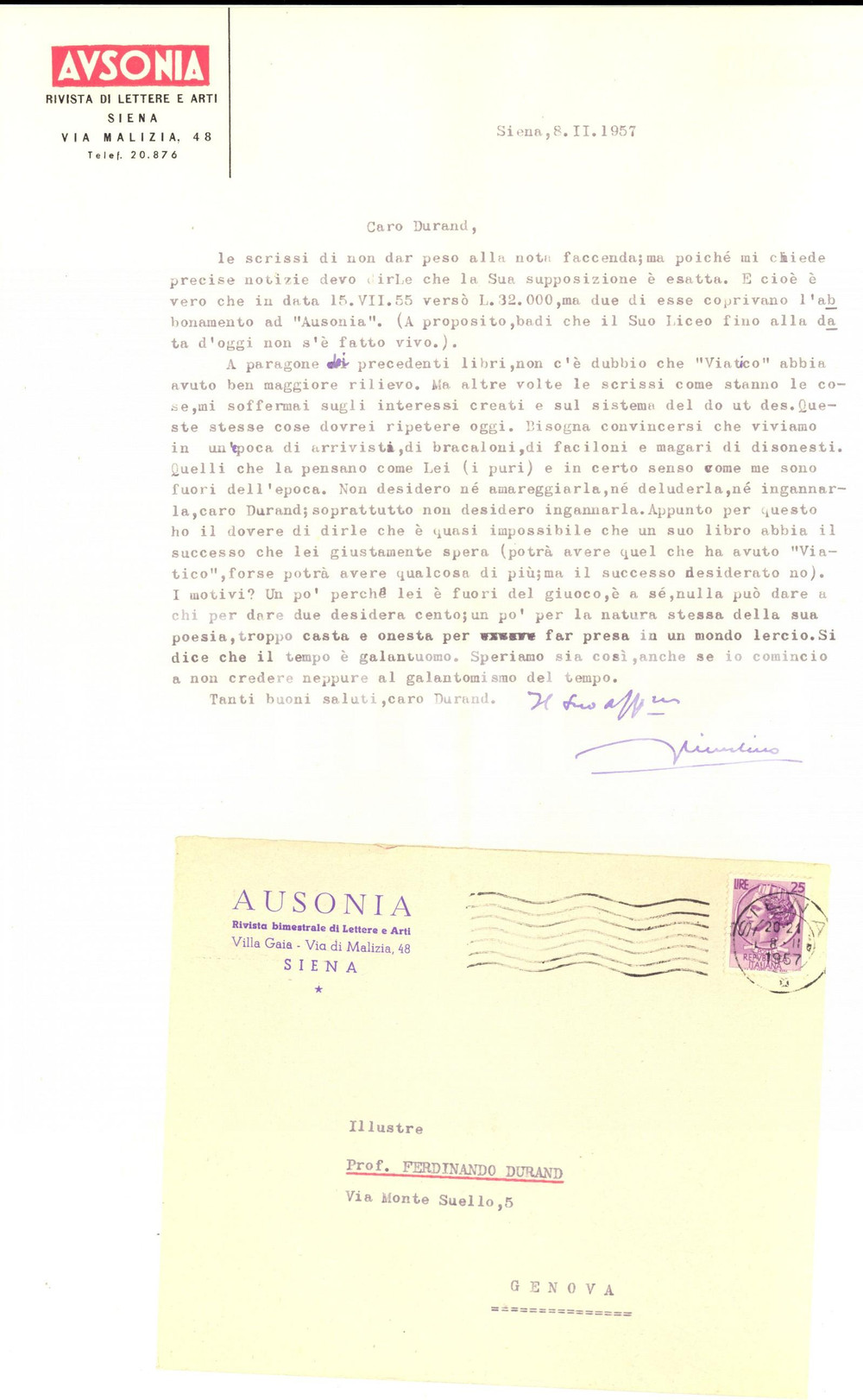 Autografo originale 1957 SIENA Rivista AUSONIA Luigi FIORENTINO in un epoca di disonesti Autografo 1