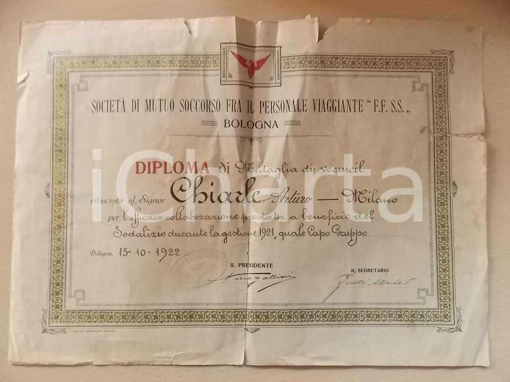 1922 BOLOGNA Società Mutuo Soccorso F.F.S.S. - Diploma capogruppo Arturo CHIARLE