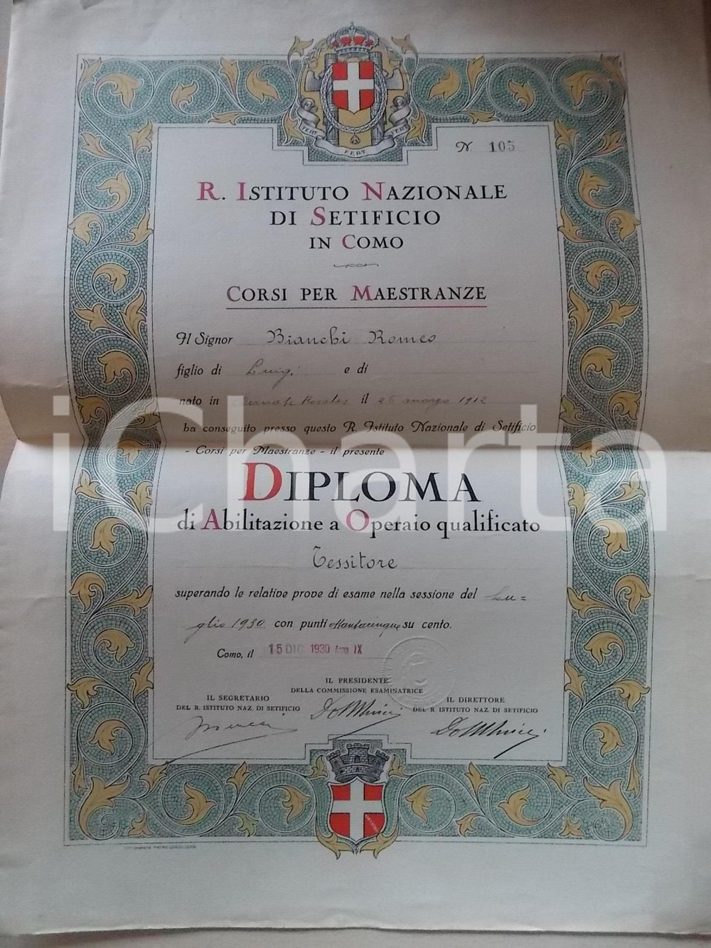 Oggetto da collezione cartaceo 1930 COMO Istituto Nazionale Setificio  Diploma tessitore Romeo BIANCHI 1