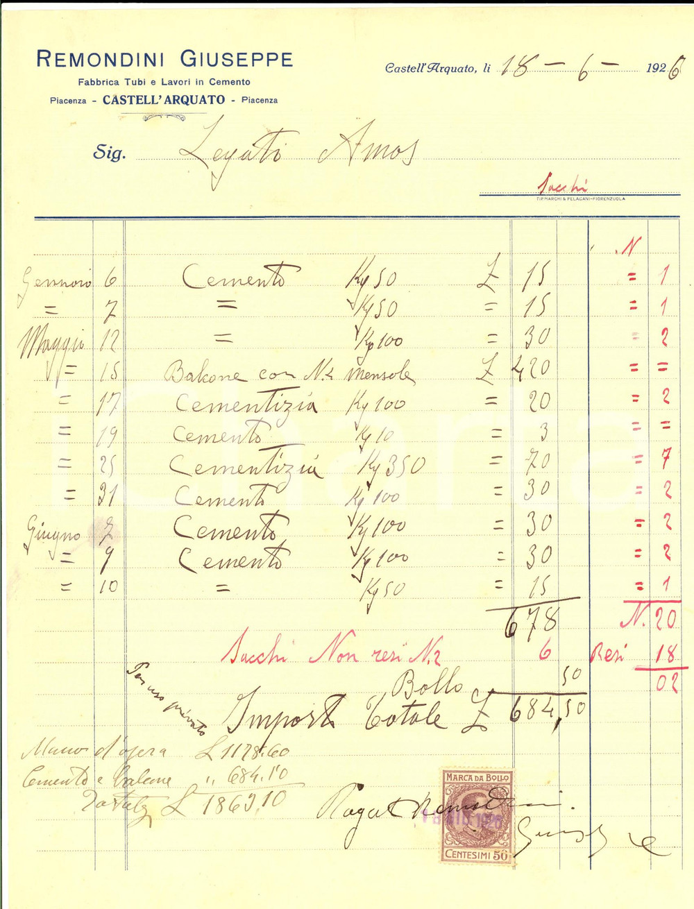 Documento originale, autentico 1926 CASTELL ARQUATO PC Giuseppe REMONDINI Fabbrica tubi Fattura cemento 1