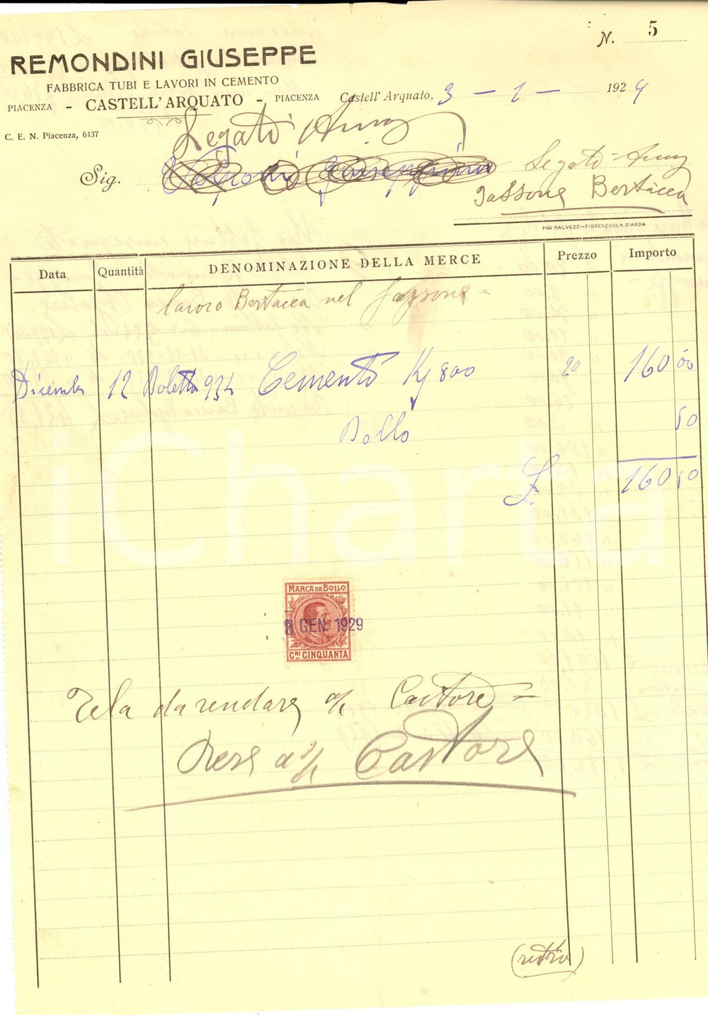 Documento originale, autentico 1929 CASTELL ARQUATO PC Giuseppe REMONDINI Fabbrica tubi Fattura cemento 1