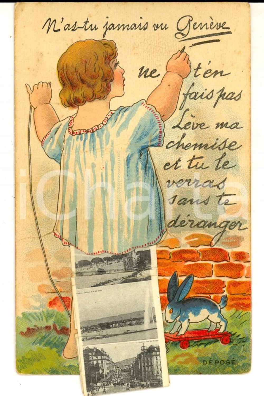 Cartolina originale da collezione 1920 ca GINEVRA Cartolina ILLUSTRATA con bambina Vedutine a organino FP 1