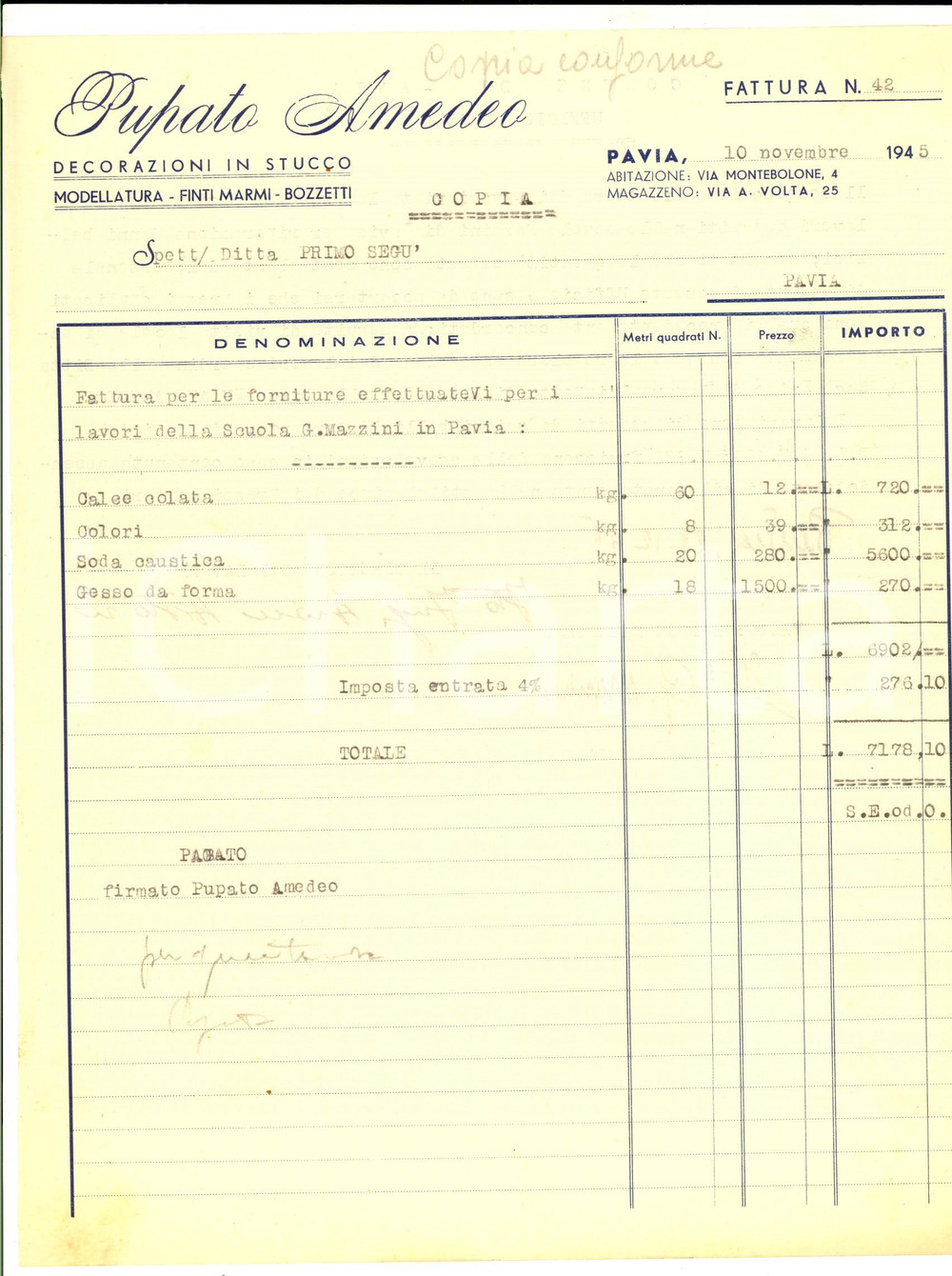 Documento originale, autentico 1945 PAVIA Amedeo PUPATO Decorazioni in stucco Fattura a stampa 1