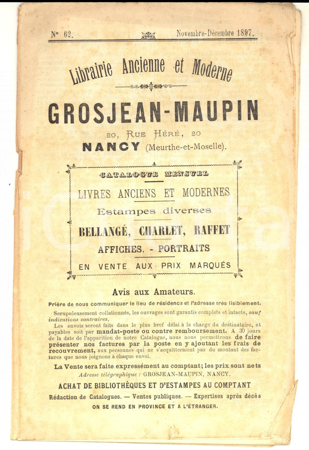 Libro, pubblicazione d epoca 1897 NANCY Librairie GROSJEANMAUPIN Livres anciens et modernes nÂ° 62 1