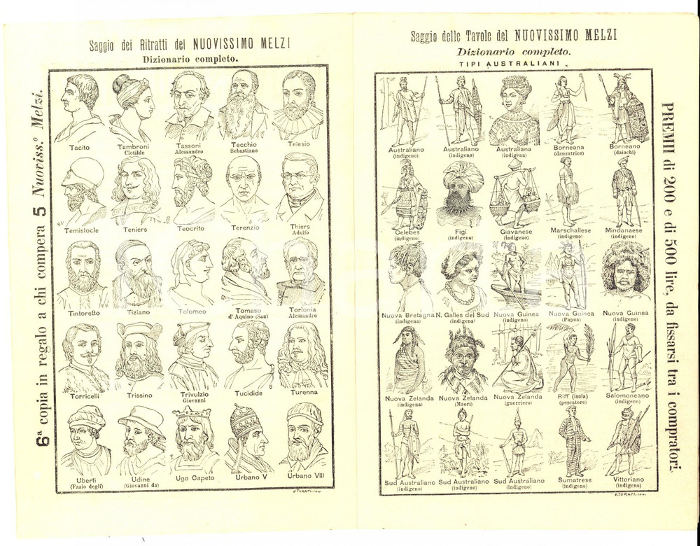 Materiale pubblicitario d’epoca 1895 MILANO Nuovissimo dizionario MELZI Opuscolo pubblicitario ILLUSTRATO 1