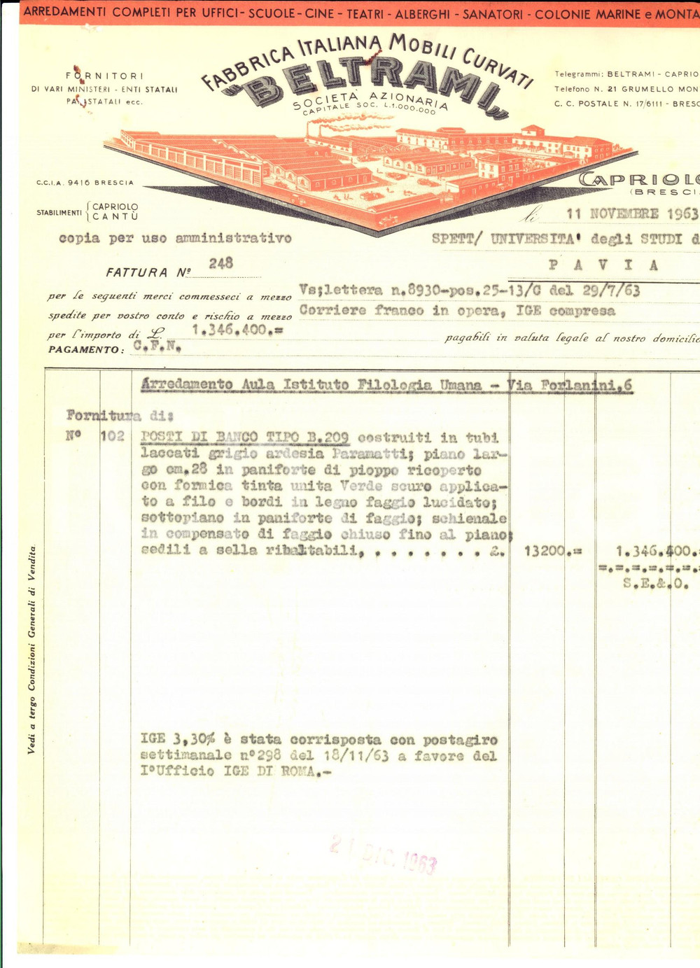 Documento originale, autentico 1963 PAVIA Fabbrica Italiana Mobili Curvati BELTRAMI Fattura a stampa 1