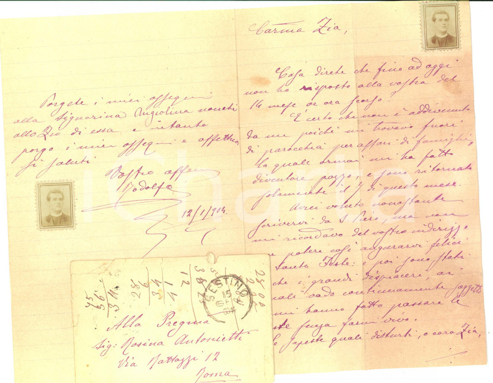 Manoscritto, lettera originale 1904 SESTINO AR Lettera a Rosina ANTONIETTI dal nipote Rodolfo sacerdote FOTO 1