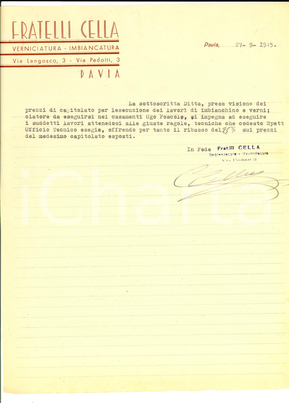 Documento originale, autentico 1945 PAVIA Fratelli CELLA Verniciatura imbiancatura Lettera commerciale 1