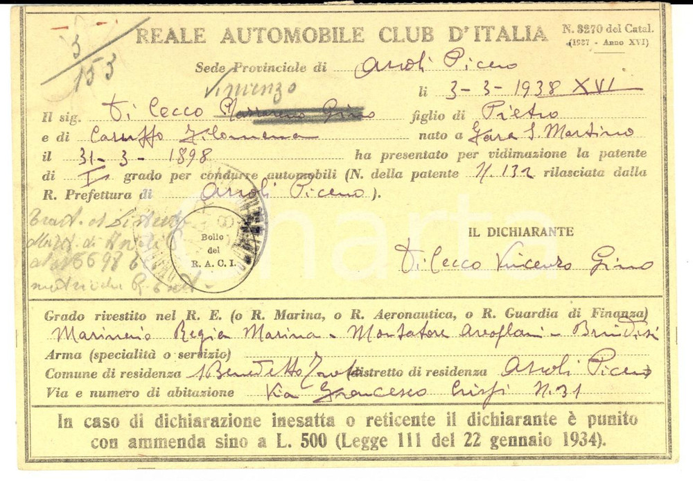 Documento originale, autentico 1938 ASCOLI PICENO Patente Nazzareno DI CECCO marinaio e montatore aeroplani 1