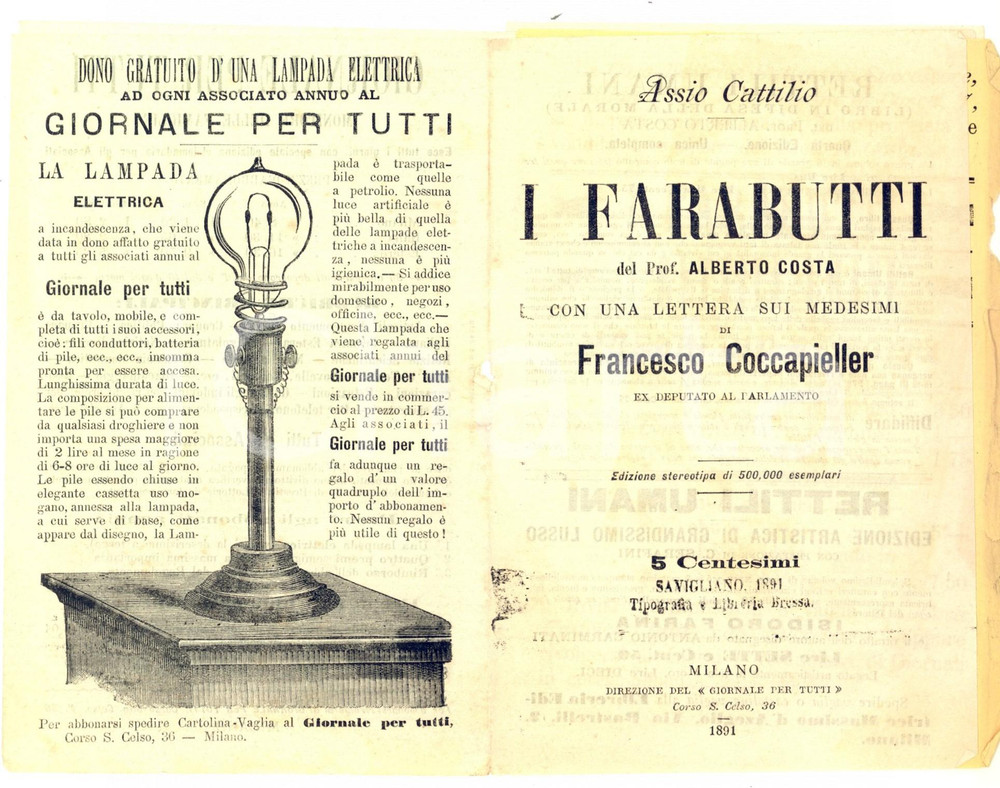 Materiale pubblicitario d’epoca 1891 MILANO Alberto COSTA I farabutti  Rettili umani Opuscolo PUBBLICITARIO 1