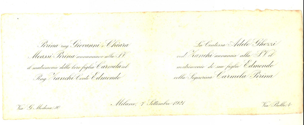 Documento originale, autentico 1921 MILANO Partecipazione nozze conte Edmondo ZANCHI  Carmela PIRINA 1