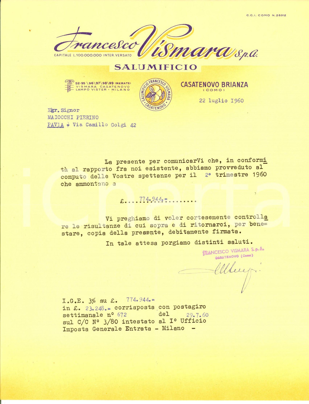 Documento originale, autentico 1960 CASATENOVO LC Ditta Francesco VISMARA  Provvigioni rappresentante 1