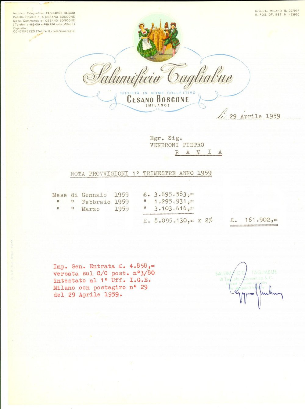 Documento originale, autentico 1959 CESANO BOSCONE MI Salumificio TAGLIABUE Provvigioni rappresentante 1