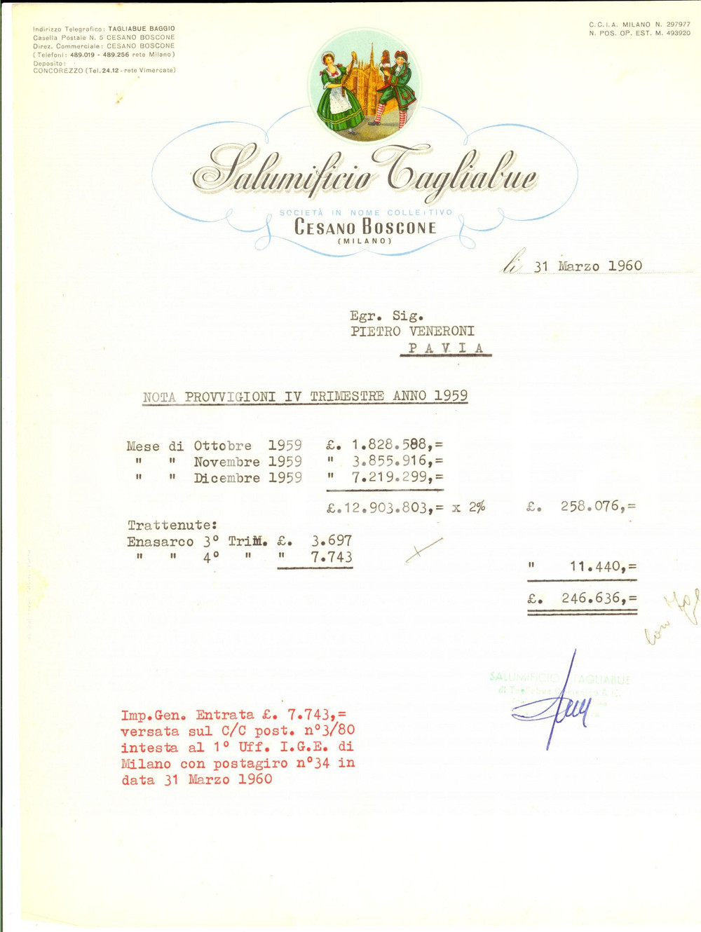 Documento originale, autentico 1960 CESANO BOSCONE MI Salumificio TAGLIABUE Provvigioni rappresentante 1